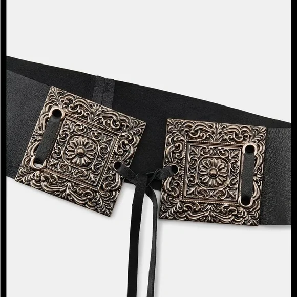 Zara limited edition 100% LEATHER WIDE BELT WITH HEWN BUCKLE - Picture 3 of 5